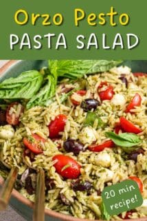 orzo pasta salad with pesto tomatoes and olives with recipe title at the top.