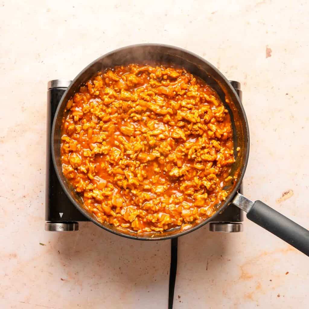 simmering sloppy Joe mixture in pan.