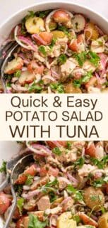 collage of tuna and potato salad close up and in bowl with recipe title at the center.