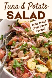 tuna and potato salad in white bowl with recipe title at the top.