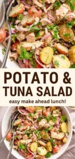 collage of potato salad with tuna in bowl and close up with recipe title in the center.