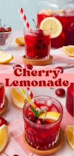 two glasses of cherry lemonade garnished with lemon slices straws and fresh cherries with recipe title in the center.