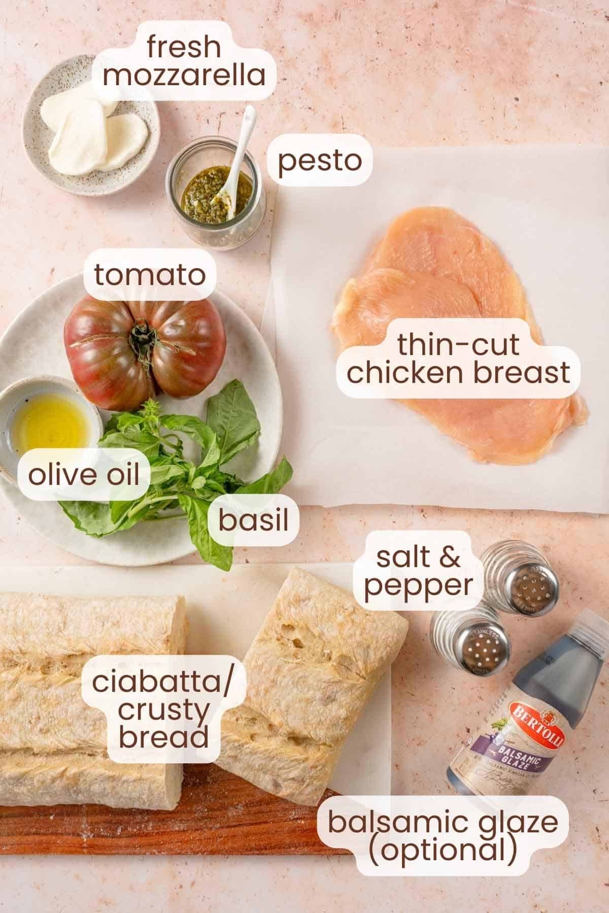 ingredients for caprese chicken sandwich with text labels.