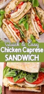 chicken caprese sandwiches in tray and on wooden plate with recipe title in the center.