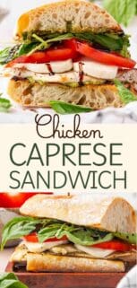 chicken caprese sandwiches on plates with recipe title in the center.