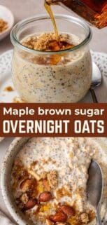 glass jar and bowl of overnight oats drizzled with maple syrup and garnished with almonds.