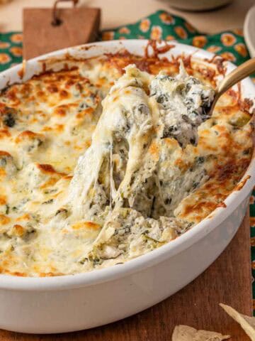 spinach artichoke crab dip being scooped.