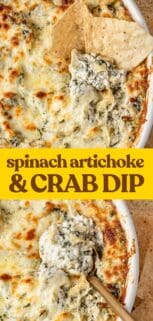 casserole dish with baked cheesy artichoke dip being served on chips with recipe title in the center.