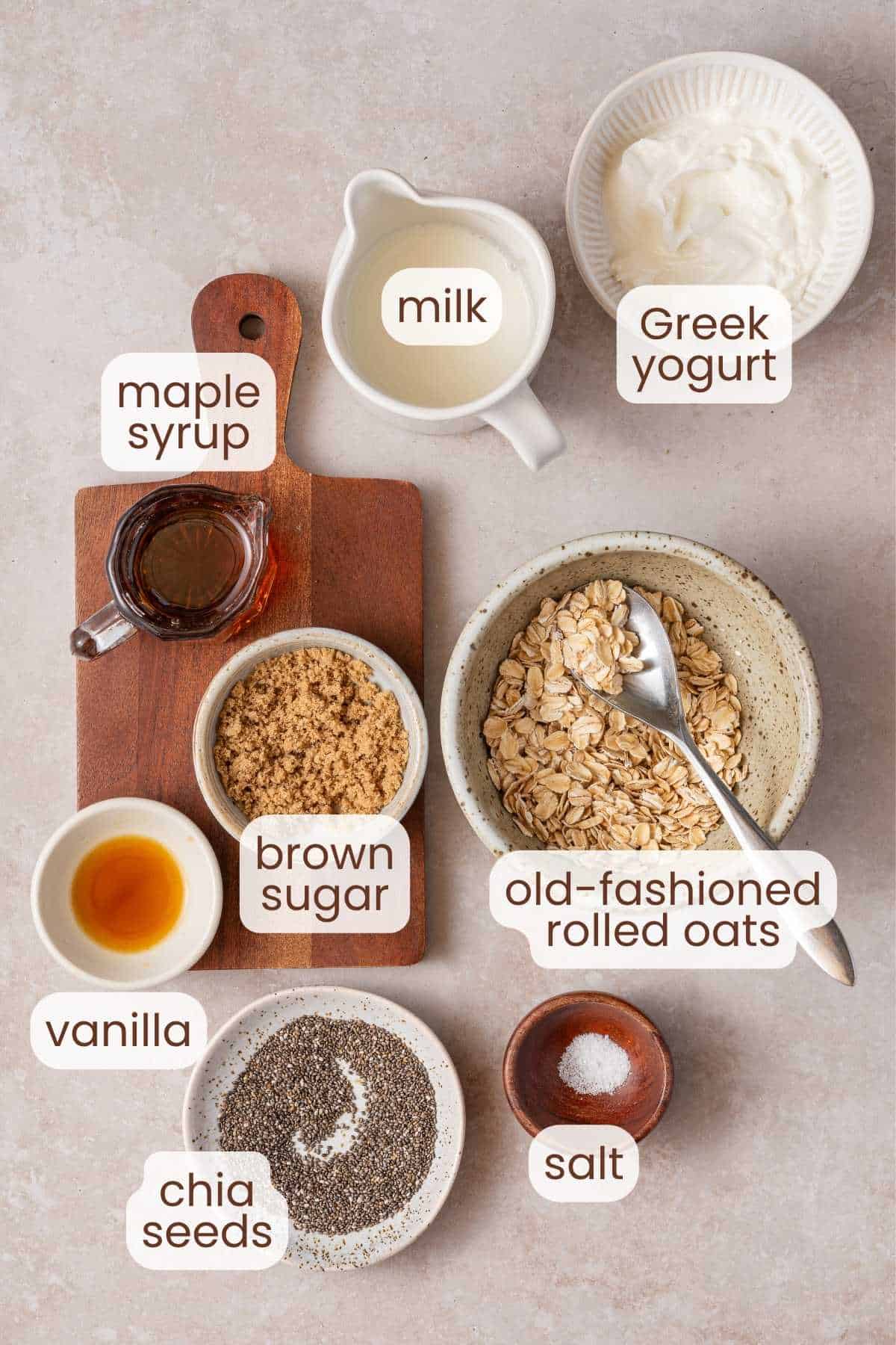 ingredients for maple brown sugar overnight oats with text lablels.