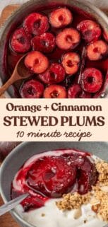 stewed plums in a pan and in a bowl with yogurt with recipe title at the center.