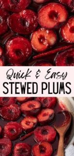 stewed plums in a pan with a cinnamon stick and recipe title in the center.