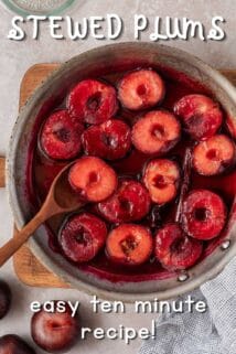 stewed plums in a pan with a wooden spoon and recipe title at the top.