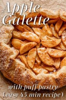 apple galette on brown parchment paper with recipe title at the top.