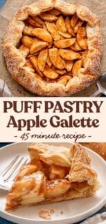 whole apple galette and slice of apple galette on a plate with recipe title in the center.