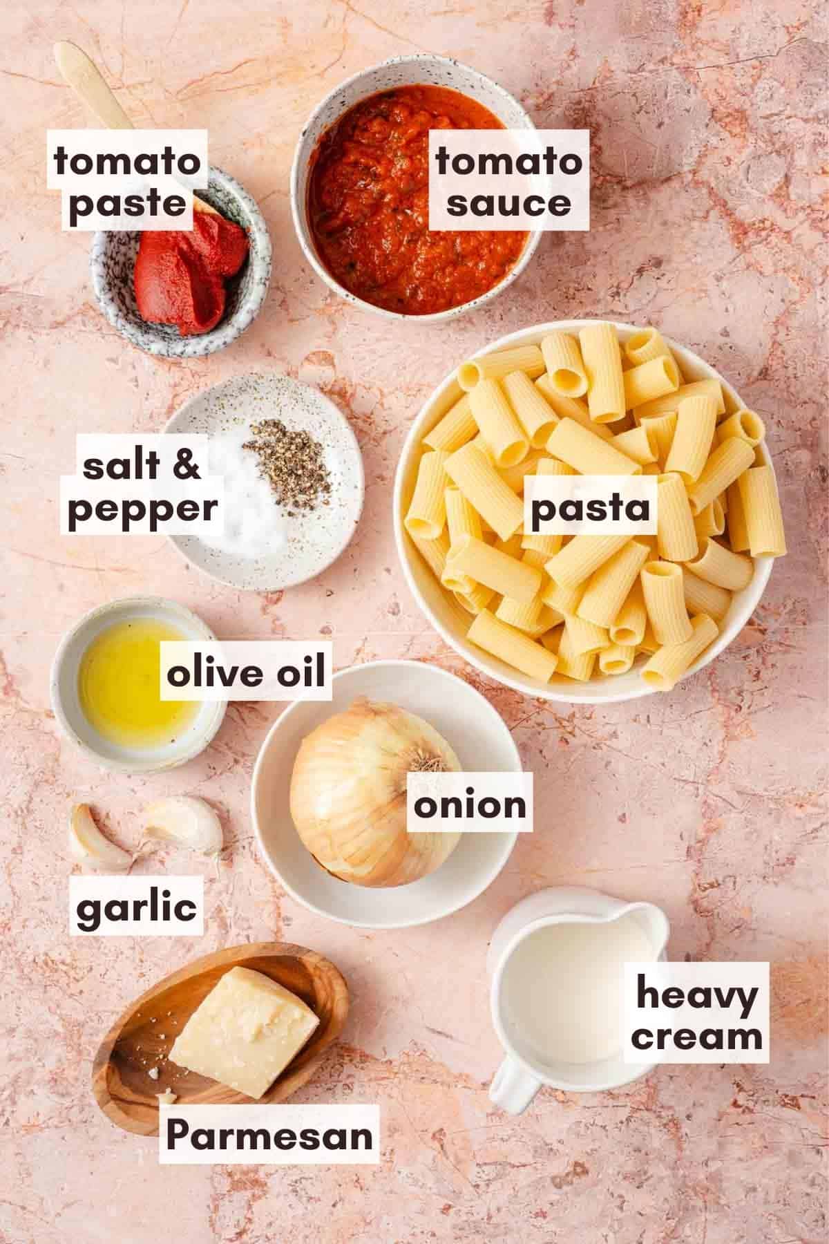 ingredients for pink pasta with text labels.
