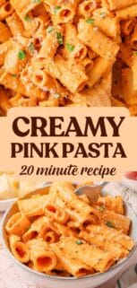 pan and bowl of pasta with pink sauce with recipe title in the center.
