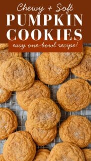 pumpkin cookies on cooling rack with recipe title at the top.