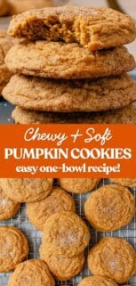 pumpkin cookies on cooling rack and in stack with recipe title in the center.
