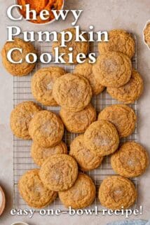 cooling rack with pumpkin cookies and recipe title at the top.
