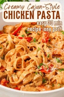 pot of creamy Cajun pasta with recipe title at the top.