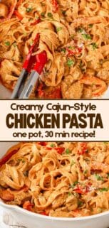 pots of creamy Cajun chicken pasta with recipe title in the center.